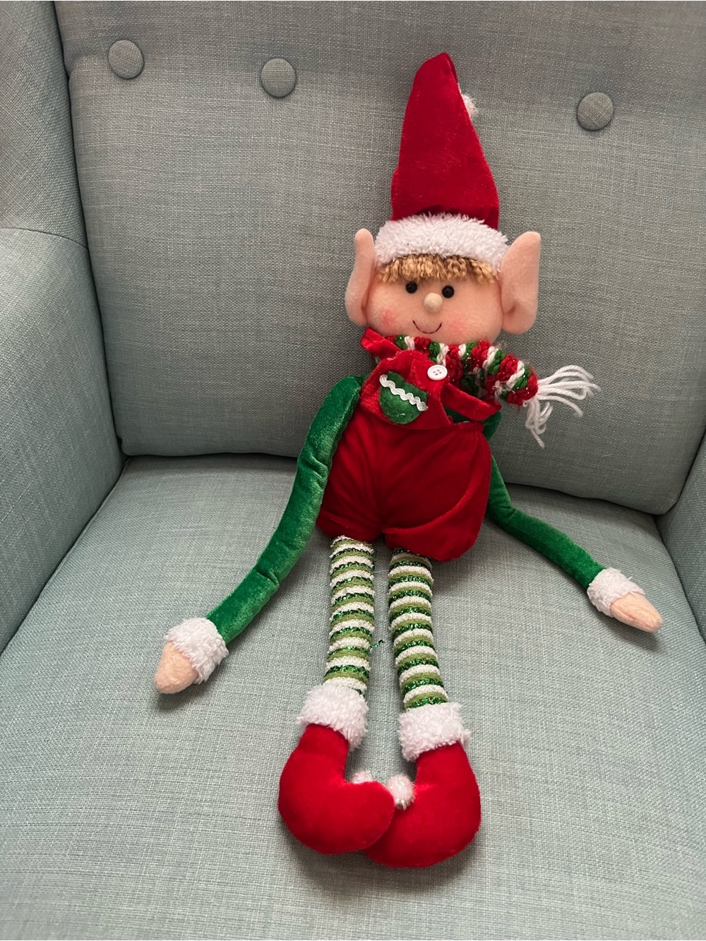 Christmas Elf Plush Doll Long Legs Red Green Holiday Shelf Sitter Decoration